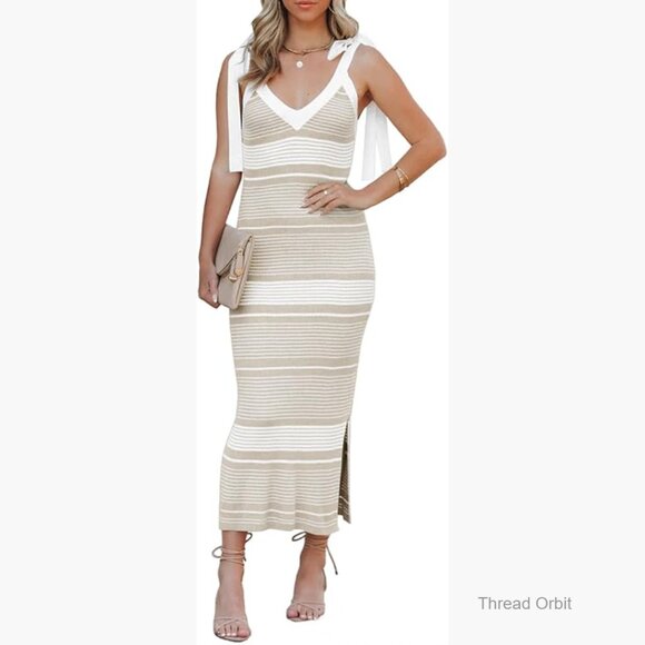 Dresses & Skirts - Summer Midi Bodycon Sweater Dress V Neck Tie Shoulder Sleeveless Side Slit